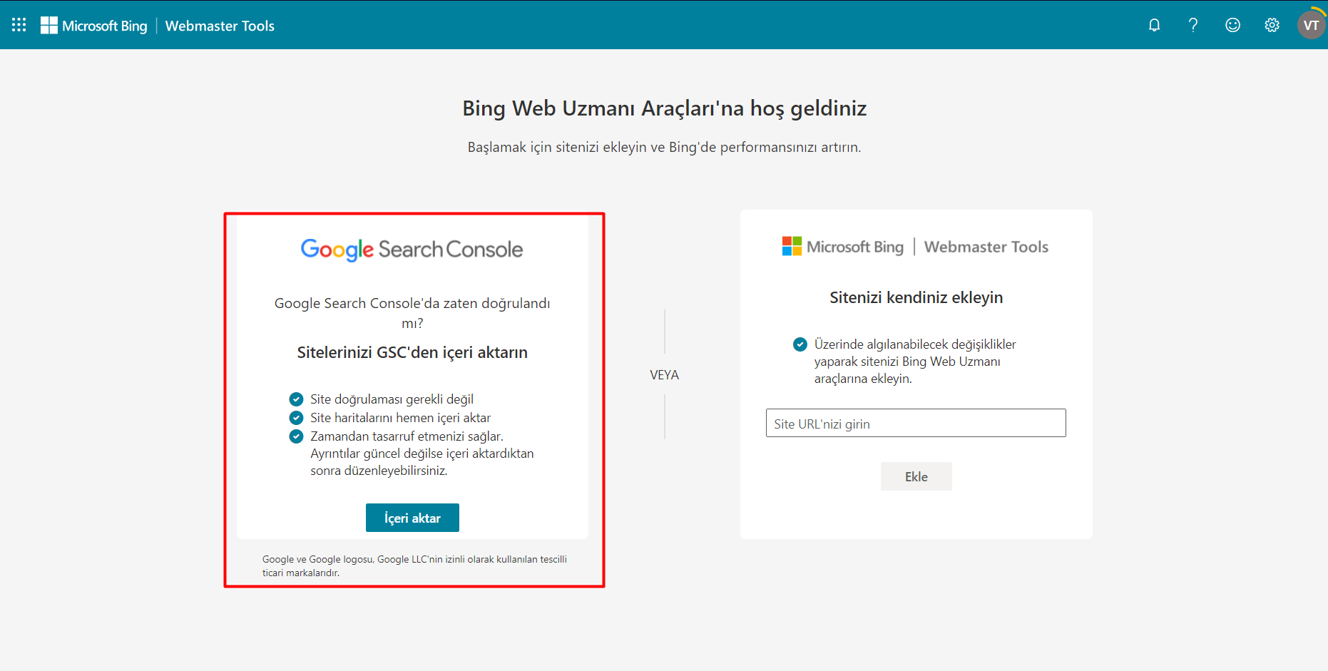 Bing Webmaster Tools'a Search Console ile İçeri Aktarma