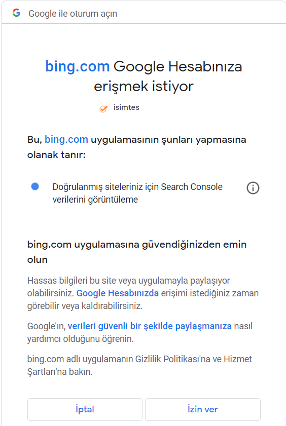 Bing Webmaster Google İçeri Aktar izni